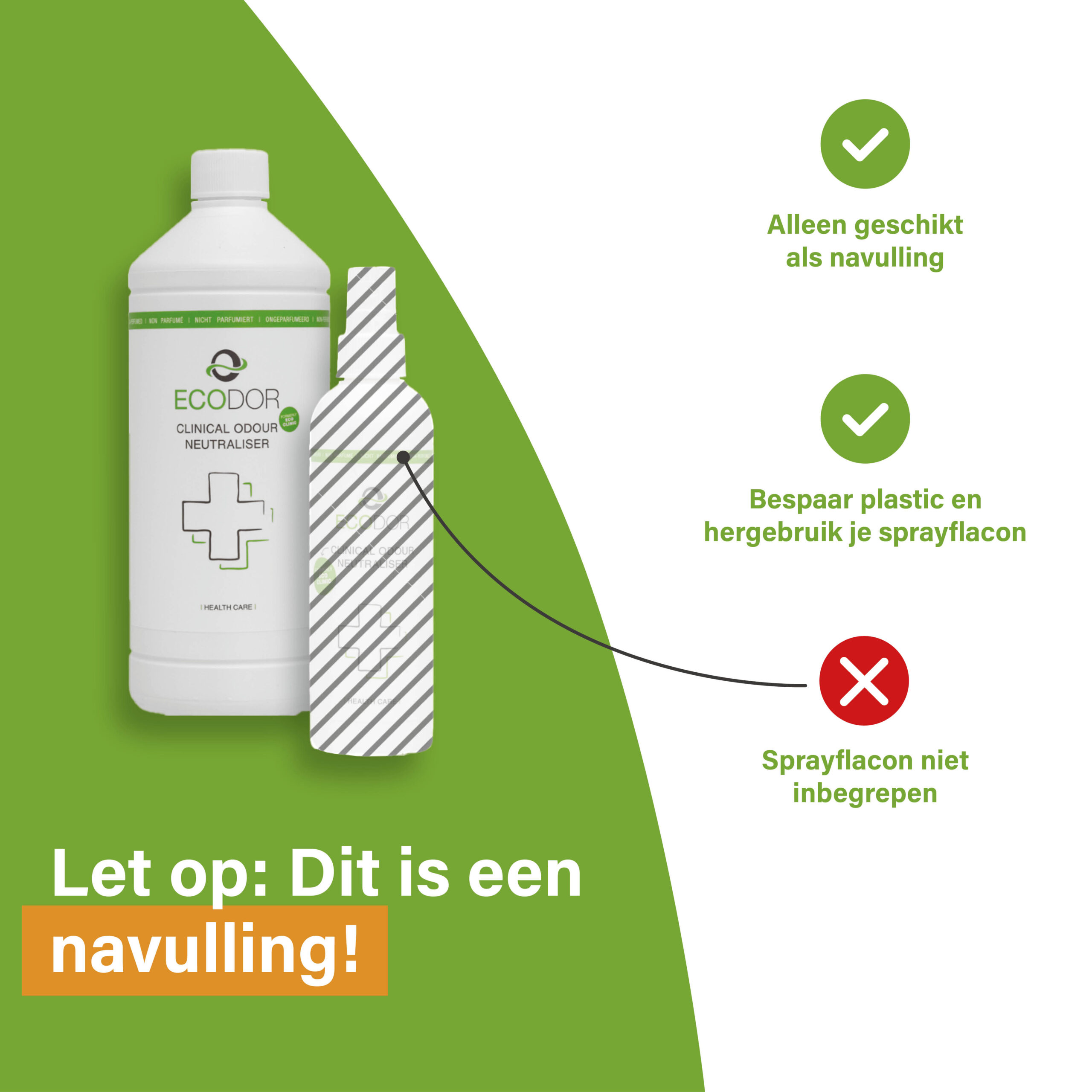 EcoClinic Ontgeurder navulfles met uitleg dat de sprayflacon niet is inbegrepen en alleen als navulling geschikt is.