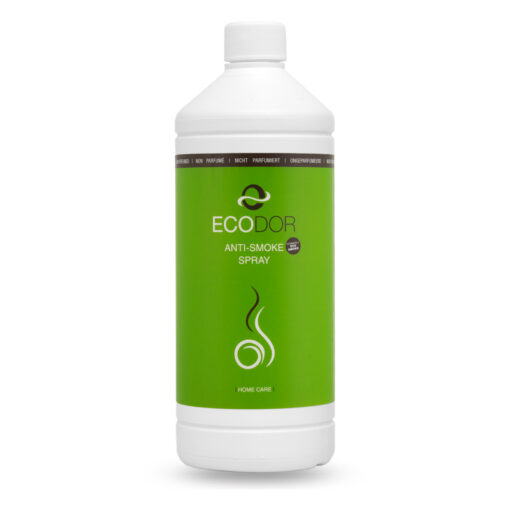 Witte 1 liter navulfles EcoSmoke van Ecodor tegen rooklucht, met een gewone witte dop en een groene sticker met gebruiksaanwijzing en productinformatie op de achterkant. Op de voorkant staan de merknaam Ecodor en EcoSmoke, samen met een afbeelding.