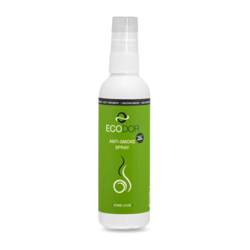 Flesje van 100 ml EcoSmoke van Ecodor tegen rooklucht, met een groene dop en etiketten met productinformatie