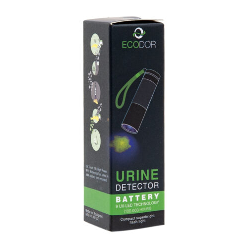 Schuine weergave van de verpakking van de Ecodor EcoLight UV-LED urinedetector voor het opsporen van urinevlekken van honden, katten en andere huisdieren.