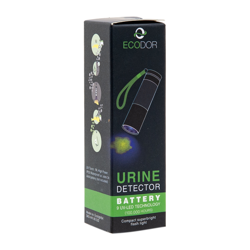 Schuine weergave van de verpakking van de Ecodor EcoLight UV-LED urinedetector voor het opsporen van urinevlekken van honden, katten en andere huisdieren.