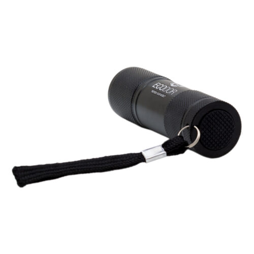 Achterzijde van de Ecodor EcoLight UV-LED urinedetector met polskoord voor het opsporen van onzichtbare urinevlekken.