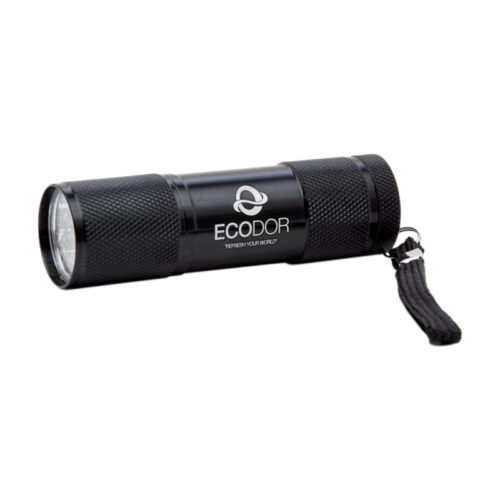 Ecodor EcoLight UV-LED urinedetector met aluminium behuizing en polskoord voor het opsporen van verborgen urinevlekken.
