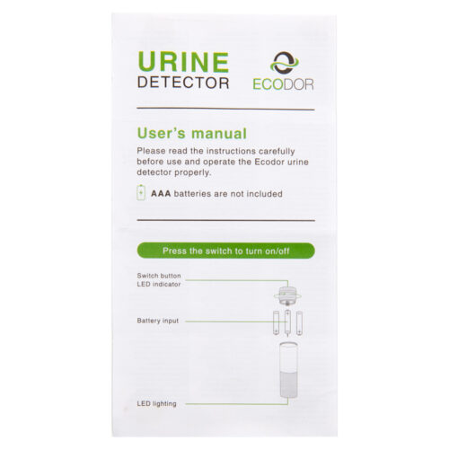 Gebruikershandleiding van de Ecodor EcoLight UV-LED urinedetector met instructies voor gebruik en het plaatsen van AAA-batterijen.