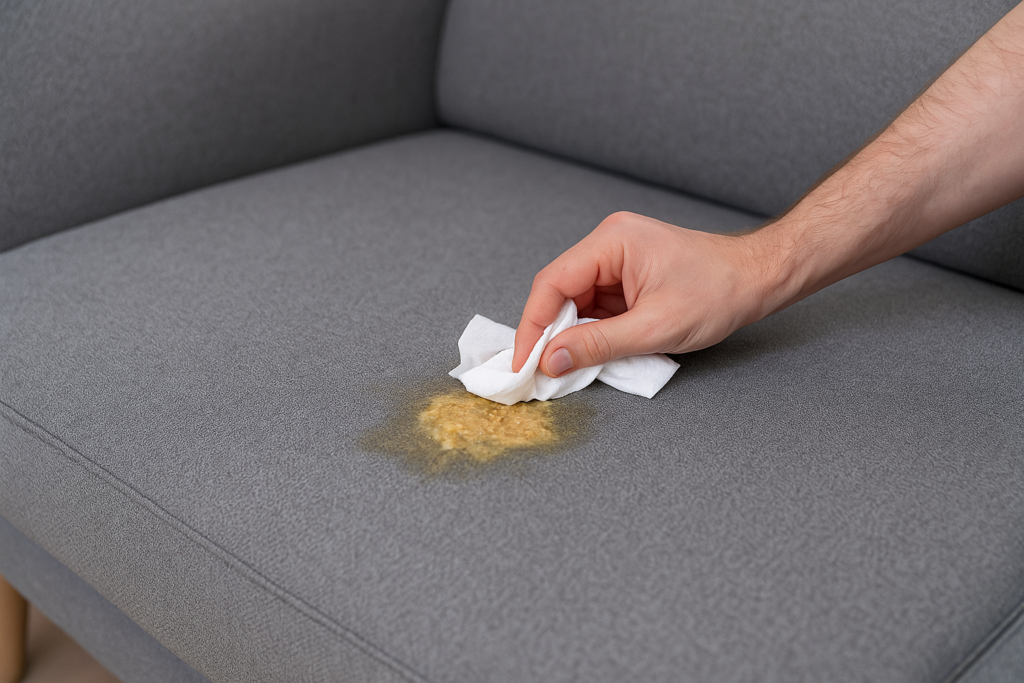 Mano che tampona del vomito su un divano in tessuto grigio con un panno.