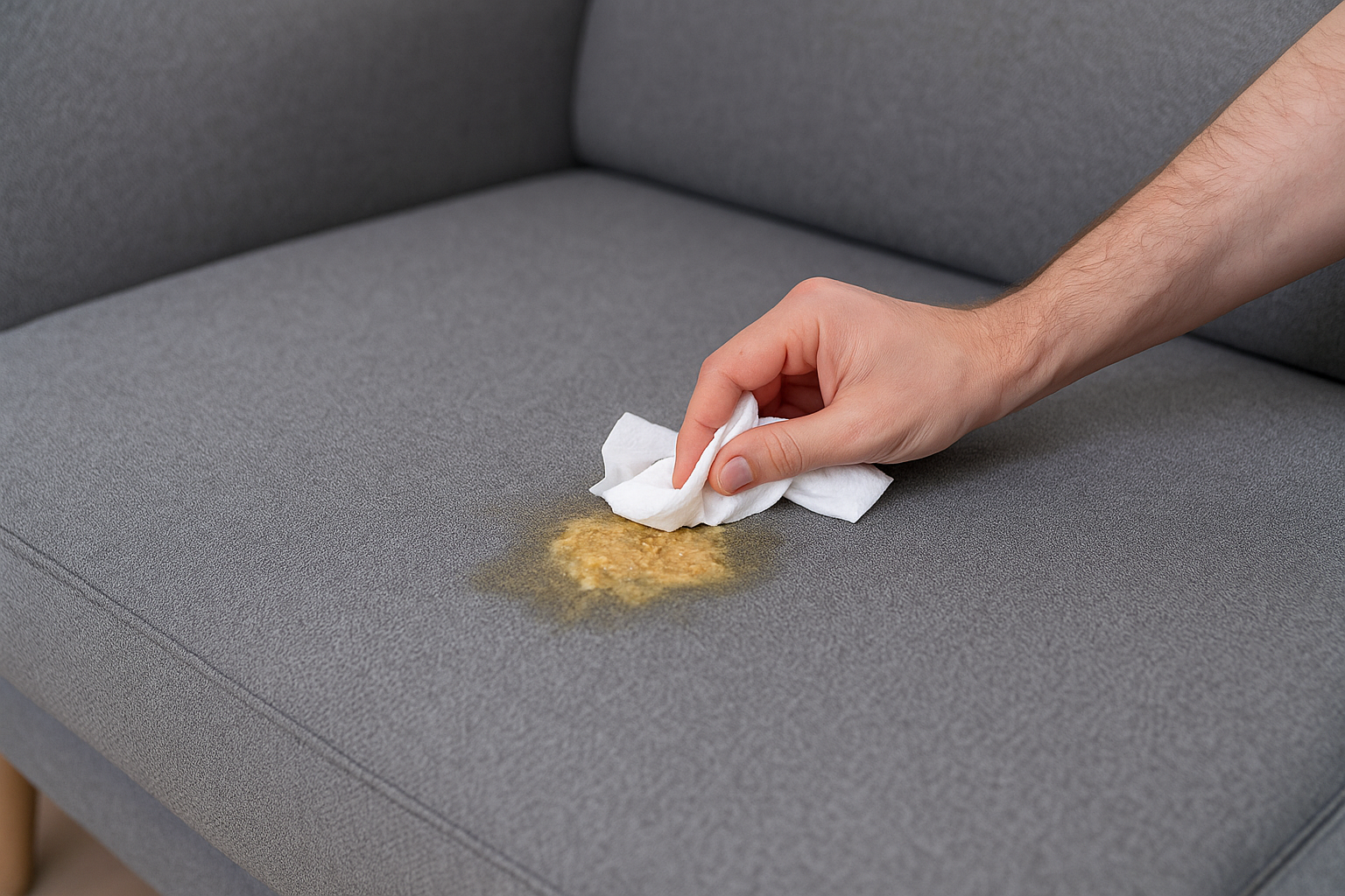 Mano che tampona del vomito su un divano in tessuto grigio con un panno.